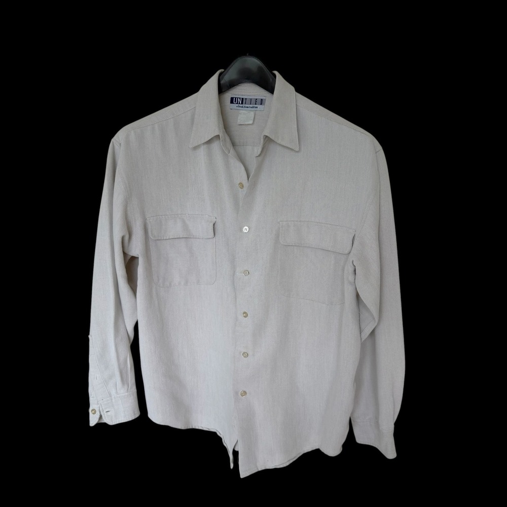 90's Untied Long‎ Sleeve Button Down Shirt Beige Textured Chest Pockets Large